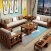 Solid Sheesham Wood Living Room Sofa Set | Cream Cushions, Wooden Frame