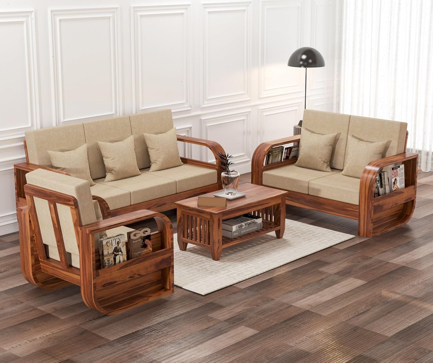 Solid Sheesham Wood Sofa Set | Beige Cushion with Magazine Storage Rack