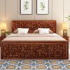Solid Sheesham Wood King Size Bed in Honey Finish | Geometric Headboard