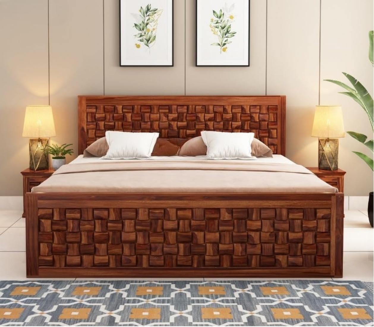 Solid Sheesham Wood King Size Bed in Honey Finish | Geometric Headboard